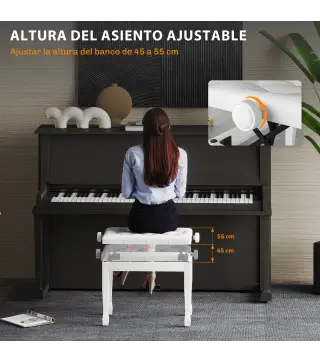Banco de Piano Altura Ajustable Banqueta de Piano Asiento de Cuero Sintético Patas de Madera 64x35x55 cm Blanco