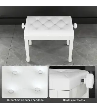 Banco de Piano Altura Ajustable Banqueta de Piano Asiento de Cuero Sintético Patas de Madera 64x35x55 cm Blanco