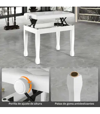 Banco de Piano Altura Ajustable Banqueta de Piano Asiento de Cuero Sintético Patas de Madera 64x35x55 cm Blanco
