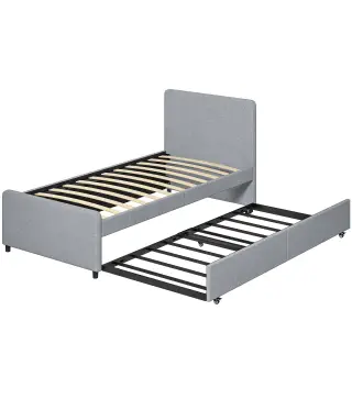 Cama Nido Individual 90x190 cm Estructura de Cama Tapizada en Lino con Cabecero y Piecero Listones de Madera Gris Claro