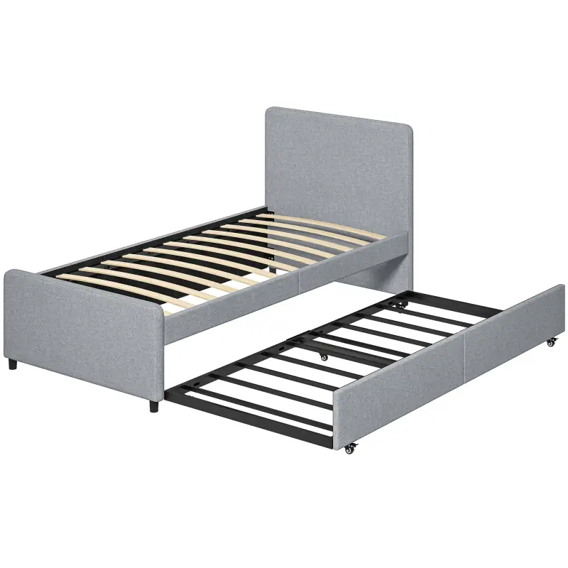 Cama Nido Individual 90x190 cm Estructura de Cama Tapizada en Lino con Cabecero y Piecero Listones de Madera Gris Claro Cama Nido Individual 90x190 cm Estructura de Cama Tapizada en Lino con Cabecero y Piecero Listones de Madera Gris Claro