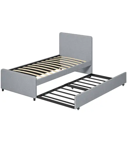 Cama Nido Individual 90x190 cm Estructura de Cama Tapizada en Lino con Cabecero y Piecero Listones de Madera Gris Claro