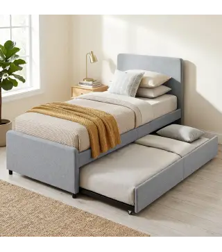 Cama Nido Individual 90x190 cm Estructura de Cama Tapizada en Lino con Cabecero y Piecero Listones de Madera Gris Claro