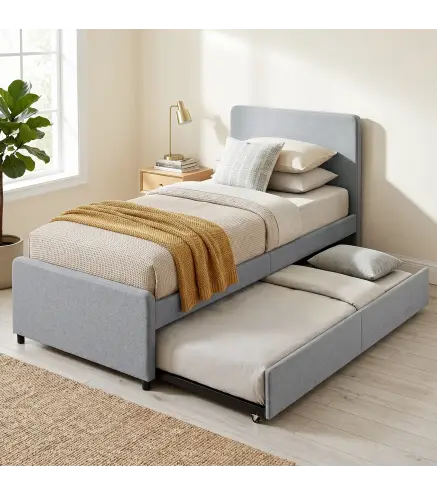 Cama Nido Individual 90x190 cm Estructura de Cama Tapizada en Lino con Cabecero y Piecero Listones de Madera Gris Claro