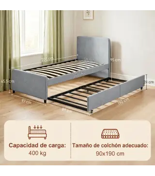 Cama Nido Individual 90x190 cm Estructura de Cama Tapizada en Lino con Cabecero y Piecero Listones de Madera Gris Claro