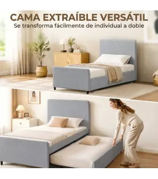 Cama Nido Individual 90x190 cm Estructura de Cama Tapizada en Lino con Cabecero y Piecero Listones de Madera Gris Claro