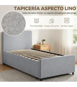 Cama Nido Individual 90x190 cm Estructura de Cama Tapizada en Lino con Cabecero y Piecero Listones de Madera Gris Claro