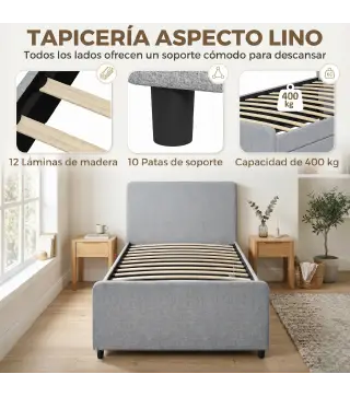 Cama Nido Individual 90x190 cm Estructura de Cama Tapizada en Lino con Cabecero y Piecero Listones de Madera Gris Claro