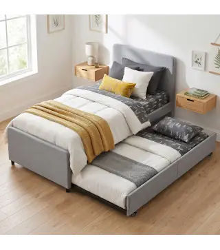 Cama Nido Individual 90x190 cm Estructura de Cama Tapizada en Lino con Cabecero y Piecero Listones de Madera Gris Claro