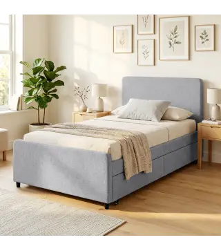 Cama Nido Individual 90x190 cm Estructura de Cama Tapizada en Lino con Cabecero y Piecero Listones de Madera Gris Claro