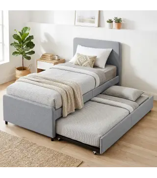 Cama Nido Individual 90x190 cm Estructura de Cama Tapizada en Lino con Cabecero y Piecero Listones de Madera Gris Claro