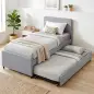 Cama Nido Individual 90x190 cm Estructura de Cama Tapizada en Lino con Cabecero y Piecero Listones de Madera Gris Claro Cama Nido Individual 90x190 cm Estructura de Cama Tapizada en Lino con Cabecero y Piecero Listones de Madera Gris Claro