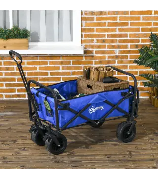Carro de Jardín Plegable con Longitud y Ángulo del Mango Ajustables y Bolsa de Transporte Carga 100 kg Azul Oscuro