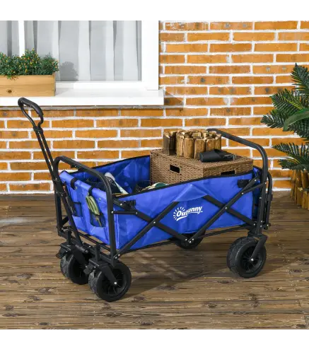 Carro de Jardín Plegable con Longitud y Ángulo del Mango Ajustables y Bolsa de Transporte Carga 100 kg Azul Oscuro