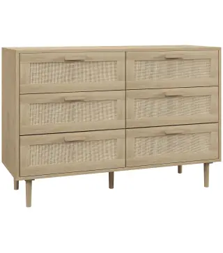 Cómoda para Dormitorio con 6 Cajones con Frontal de Ratán Patas de Madera Cajonera Estilo Bohemio 110x40x75 cm Roble