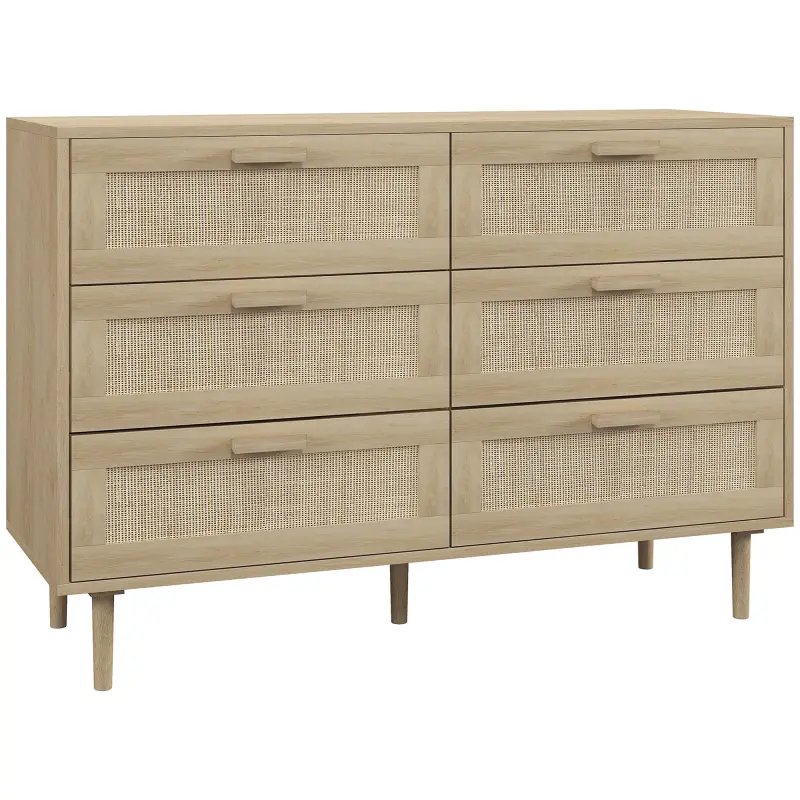 Cómoda para Dormitorio con 6 Cajones con Frontal de Ratán Patas de Madera Cajonera Estilo Bohemio 110x40x75 cm Roble