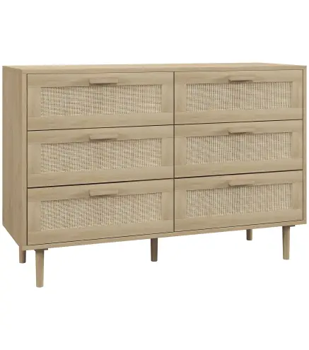 Cómoda para Dormitorio con 6 Cajones con Frontal de Ratán Patas de Madera Cajonera Estilo Bohemio 110x40x75 cm Roble