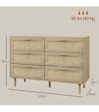 Cómoda para Dormitorio con 6 Cajones con Frontal de Ratán Patas de Madera Cajonera Estilo Bohemio 110x40x75 cm Roble