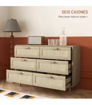Cómoda para Dormitorio con 6 Cajones con Frontal de Ratán Patas de Madera Cajonera Estilo Bohemio 110x40x75 cm Roble