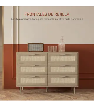 Cómoda para Dormitorio con 6 Cajones con Frontal de Ratán Patas de Madera Cajonera Estilo Bohemio 110x40x75 cm Roble