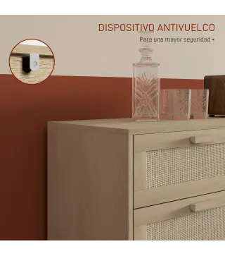 Cómoda para Dormitorio con 6 Cajones con Frontal de Ratán Patas de Madera Cajonera Estilo Bohemio 110x40x75 cm Roble