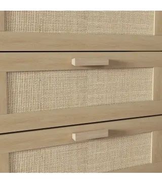 Cómoda para Dormitorio con 6 Cajones con Frontal de Ratán Patas de Madera Cajonera Estilo Bohemio 110x40x75 cm Roble