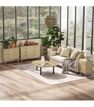 Cómoda para Dormitorio con 6 Cajones con Frontal de Ratán Patas de Madera Cajonera Estilo Bohemio 110x40x75 cm Roble