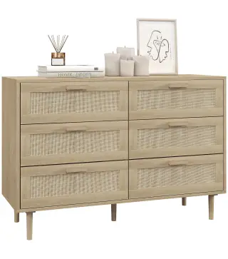 Cómoda para Dormitorio con 6 Cajones con Frontal de Ratán Patas de Madera Cajonera Estilo Bohemio 110x40x75 cm Roble