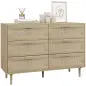 Cómoda para Dormitorio con 6 Cajones con Frontal de Ratán Patas de Madera Cajonera Estilo Bohemio 110x40x75 cm Roble