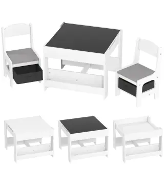 Juego de Mesa con Sillas para Niños 3 en 1 con Pizarra Cajones de Tela y Espacio de Almacenamiento Blanco y Gris