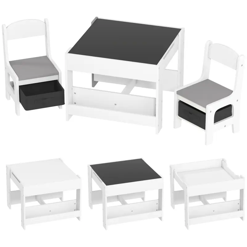Juego de Mesa con Sillas para Niños 3 en 1 con Pizarra Cajones de Tela y Espacio de Almacenamiento Blanco y Gris Juego de Mesa con Sillas para Niños 3 en 1 con Pizarra Cajones de Tela y Espacio de Almacenamiento Blanco y Gris