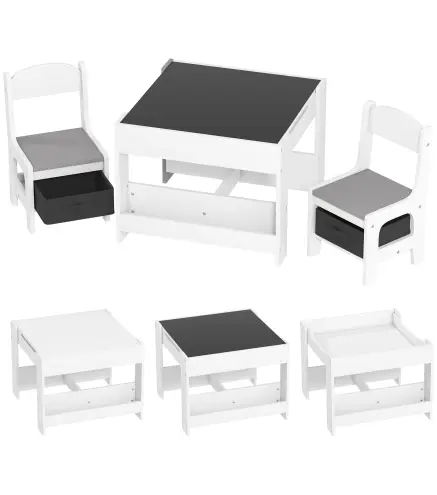 Juego de Mesa con Sillas para Niños 3 en 1 con Pizarra Cajones de Tela y Espacio de Almacenamiento Blanco y Gris