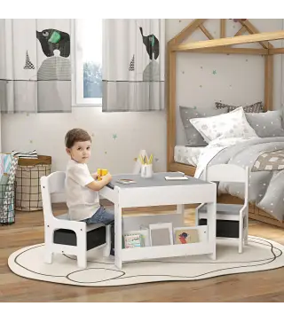 Juego de Mesa con Sillas para Niños 3 en 1 con Pizarra Cajones de Tela y Espacio de Almacenamiento Blanco y Gris