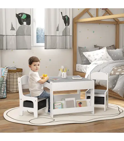 Juego de Mesa con Sillas para Niños 3 en 1 con Pizarra Cajones de Tela y Espacio de Almacenamiento Blanco y Gris