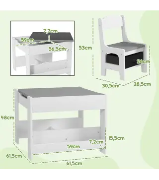 Juego de Mesa con Sillas para Niños 3 en 1 con Pizarra Cajones de Tela y Espacio de Almacenamiento Blanco y Gris