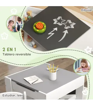Juego de Mesa con Sillas para Niños 3 en 1 con Pizarra Cajones de Tela y Espacio de Almacenamiento Blanco y Gris