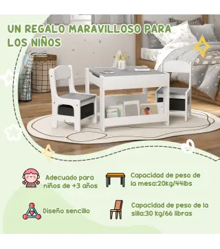 Juego de Mesa con Sillas para Niños 3 en 1 con Pizarra Cajones de Tela y Espacio de Almacenamiento Blanco y Gris