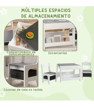 Juego de Mesa con Sillas para Niños 3 en 1 con Pizarra Cajones de Tela y Espacio de Almacenamiento Blanco y Gris