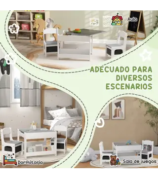 Juego de Mesa con Sillas para Niños 3 en 1 con Pizarra Cajones de Tela y Espacio de Almacenamiento Blanco y Gris