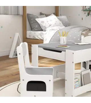 Juego de Mesa con Sillas para Niños 3 en 1 con Pizarra Cajones de Tela y Espacio de Almacenamiento Blanco y Gris