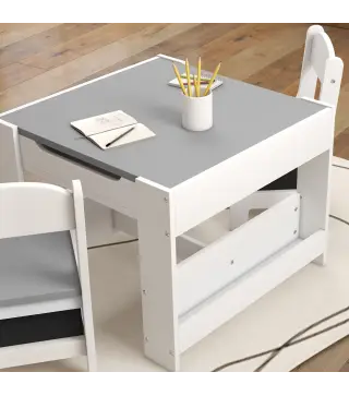 Juego de Mesa con Sillas para Niños 3 en 1 con Pizarra Cajones de Tela y Espacio de Almacenamiento Blanco y Gris