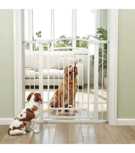 Puerta para Perros con Ancho Ajustable 76-104 cm Barrera de Seguridad para Perros con 2 Extensiones Blanco