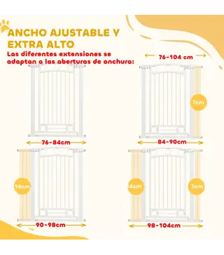 Puerta para Perros con Ancho Ajustable 76-104 cm Barrera de Seguridad para Perros con 2 Extensiones Blanco