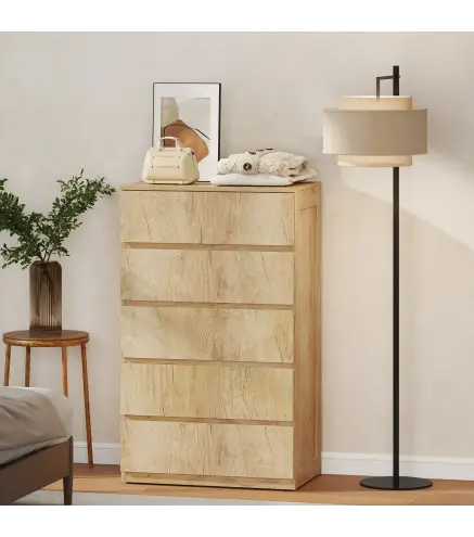 Cómoda 5 Cajones para Dormitorio Moderna Diseño sin Tiradores para Comedor Entrada 60x39x100 cm Madera Natural