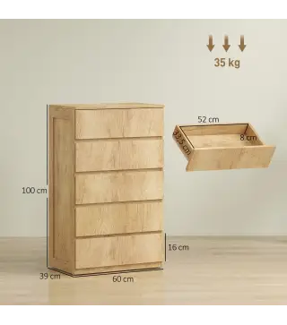 Cómoda 5 Cajones para Dormitorio Moderna Diseño sin Tiradores para Comedor Entrada 60x39x100 cm Madera Natural