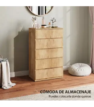 Cómoda 5 Cajones para Dormitorio Moderna Diseño sin Tiradores para Comedor Entrada 60x39x100 cm Madera Natural