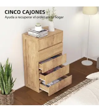 Cómoda 5 Cajones para Dormitorio Moderna Diseño sin Tiradores para Comedor Entrada 60x39x100 cm Madera Natural