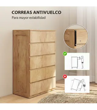 Cómoda 5 Cajones para Dormitorio Moderna Diseño sin Tiradores para Comedor Entrada 60x39x100 cm Madera Natural