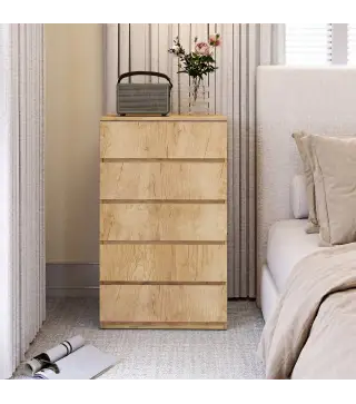 Cómoda 5 Cajones para Dormitorio Moderna Diseño sin Tiradores para Comedor Entrada 60x39x100 cm Madera Natural