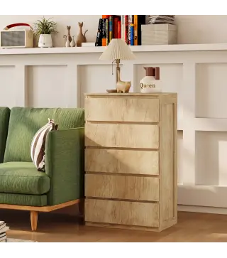 Cómoda 5 Cajones para Dormitorio Moderna Diseño sin Tiradores para Comedor Entrada 60x39x100 cm Madera Natural